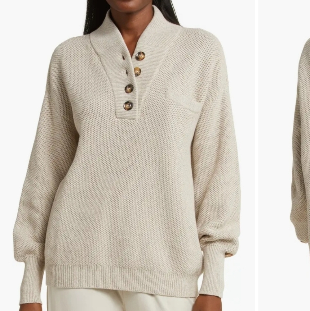 Lunya Cream Organic Cotton Silk Blend Pockey Henley Sweater Oversized XS/S